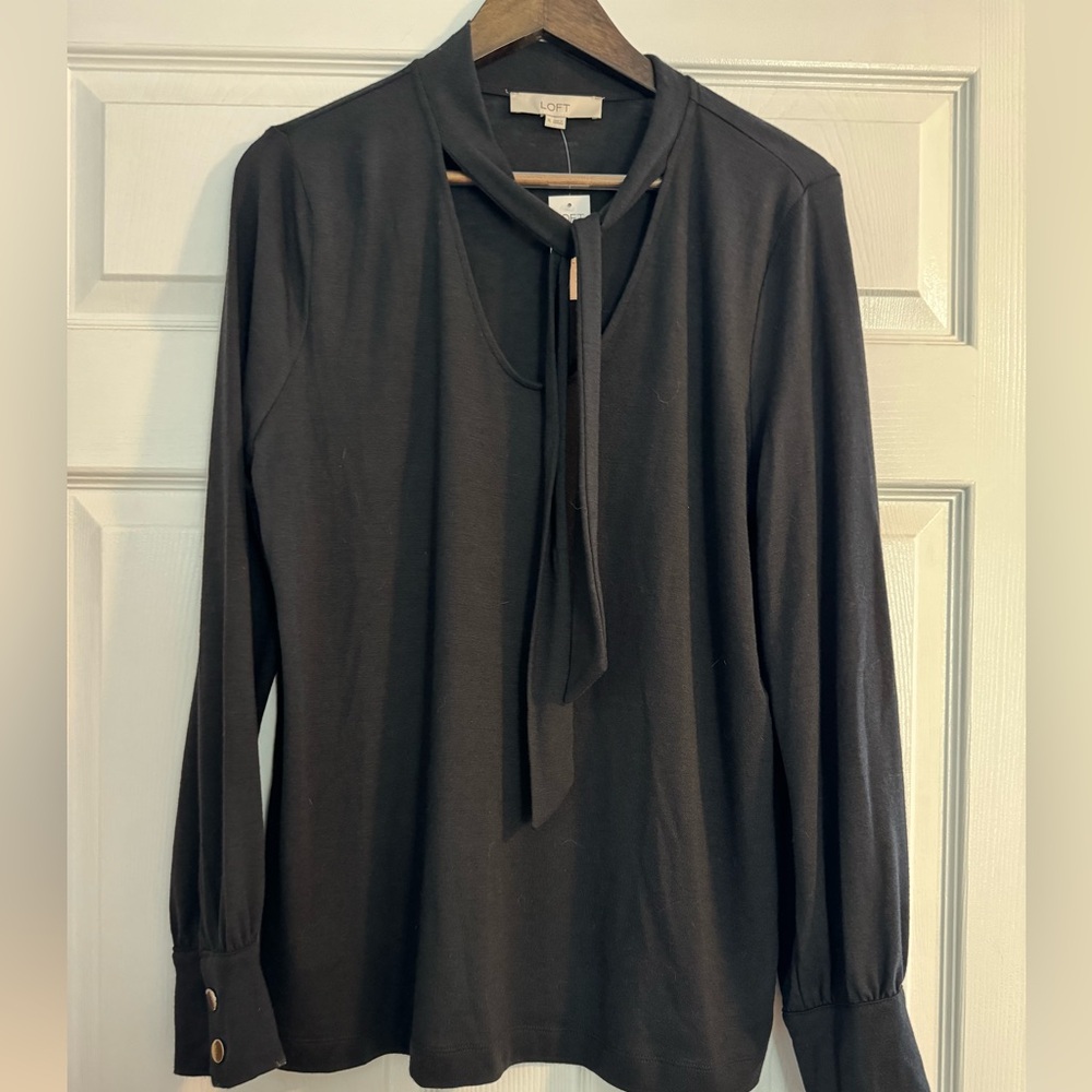 Loft Longsleeve blouse, tie-neck, gold button detail on cuff. NWT. XL